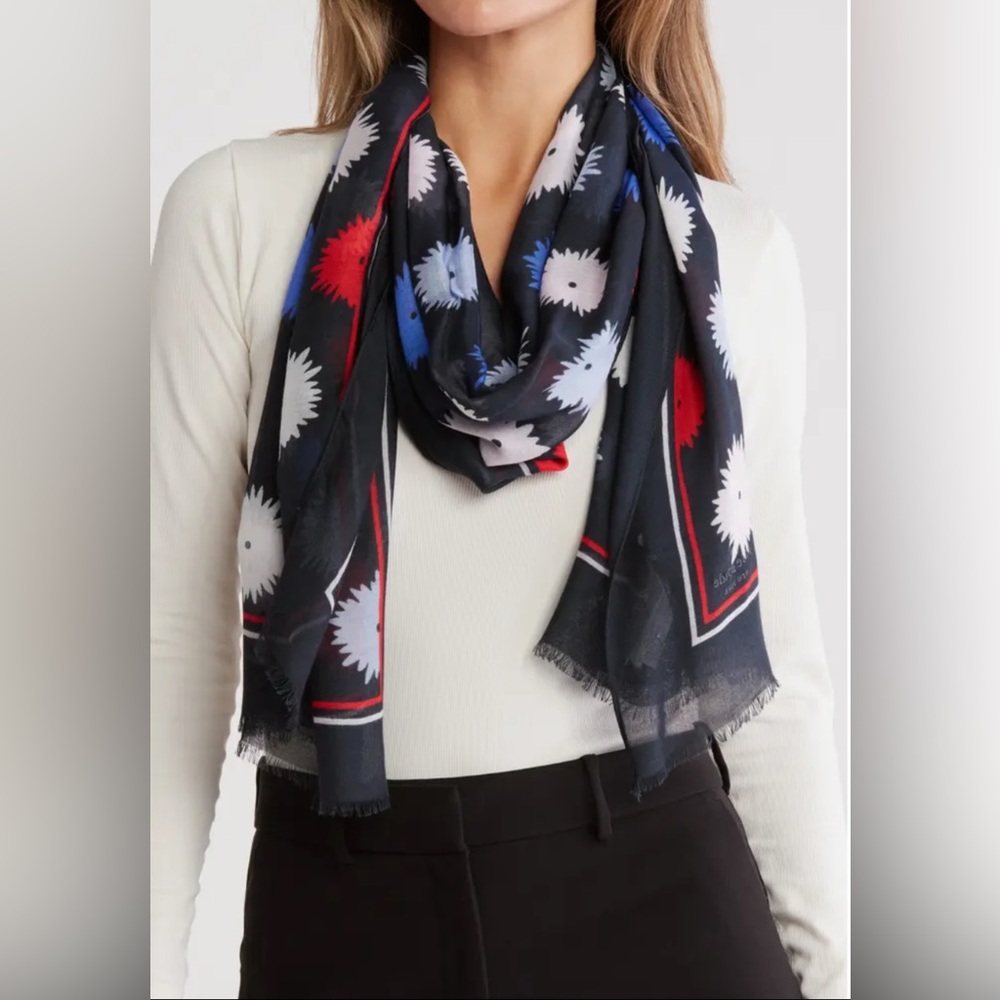 Kate Spade Black Scarf with Red and Blue Floral Accents